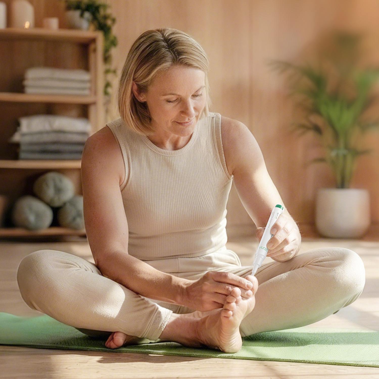 woman applying APUREE® dual-action nail renewal kit for toenail repair at home