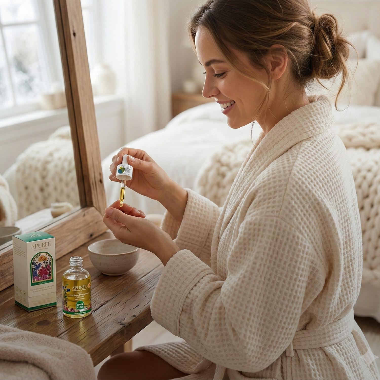 APUREE 100% pure cuticle oil applied with dropper during a winter nail care routine, moisturizing cuticles in a cozy bedroom setting