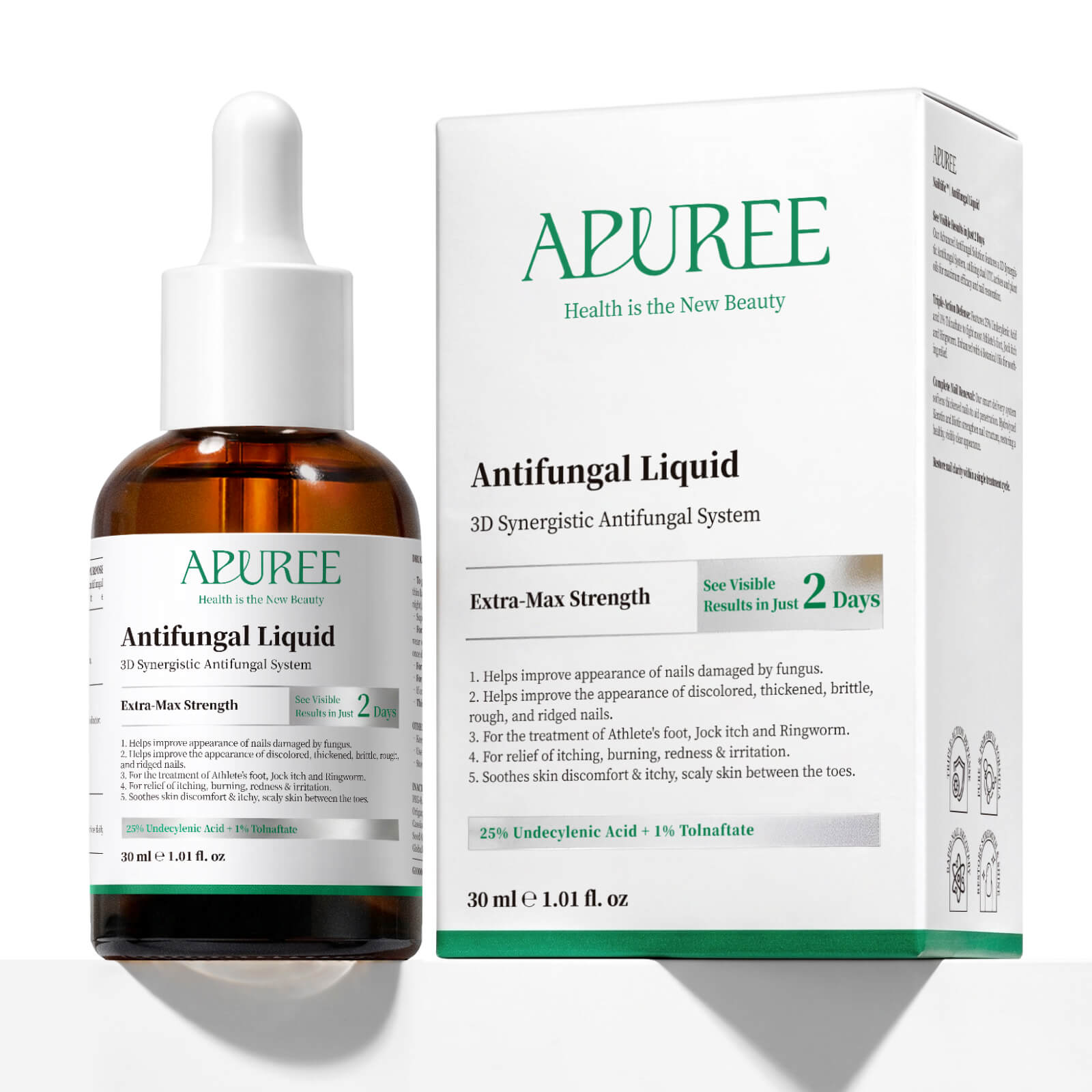APUREE Extra-Max Strength antifungal liquid nail treatment with 25% Undecylenic Acid and 1% Tolnaftate for damaged and discolored nails
