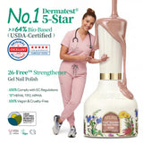 Apuree 26-Free nail strengthener gel polish bottle with model, Dermatest 5-star certified, bio-based clean nail care product