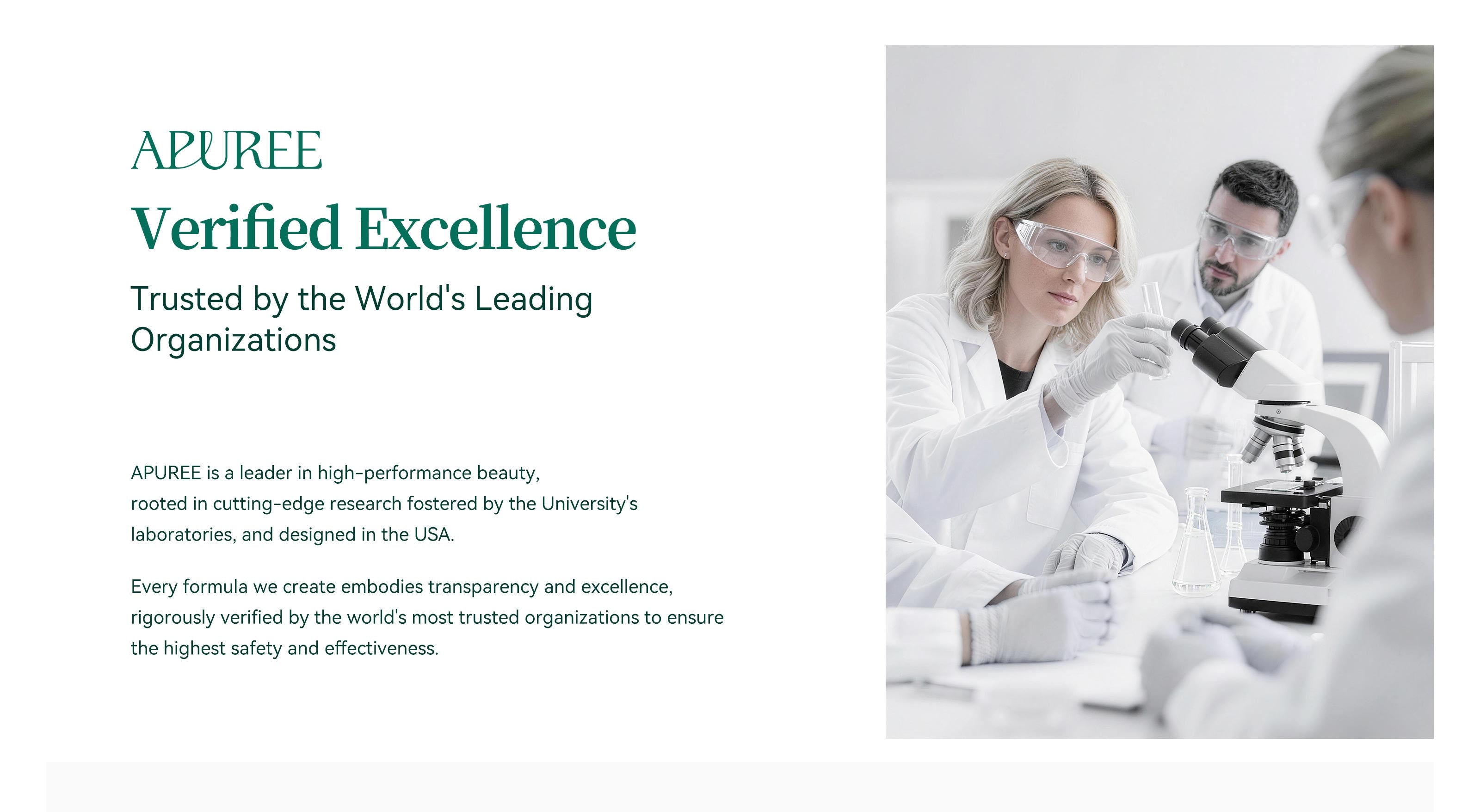 APUREE verified excellence laboratory research scene with scientists and product testing environment