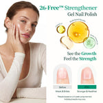 Apuree 26-Free nail strengthener gel polish, model portrait with nail growth ingredient highlights and before after nail repair result