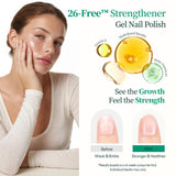 Apuree 26-Free nail strengthener gel polish, model portrait with nail growth ingredient highlights and before after nail repair result