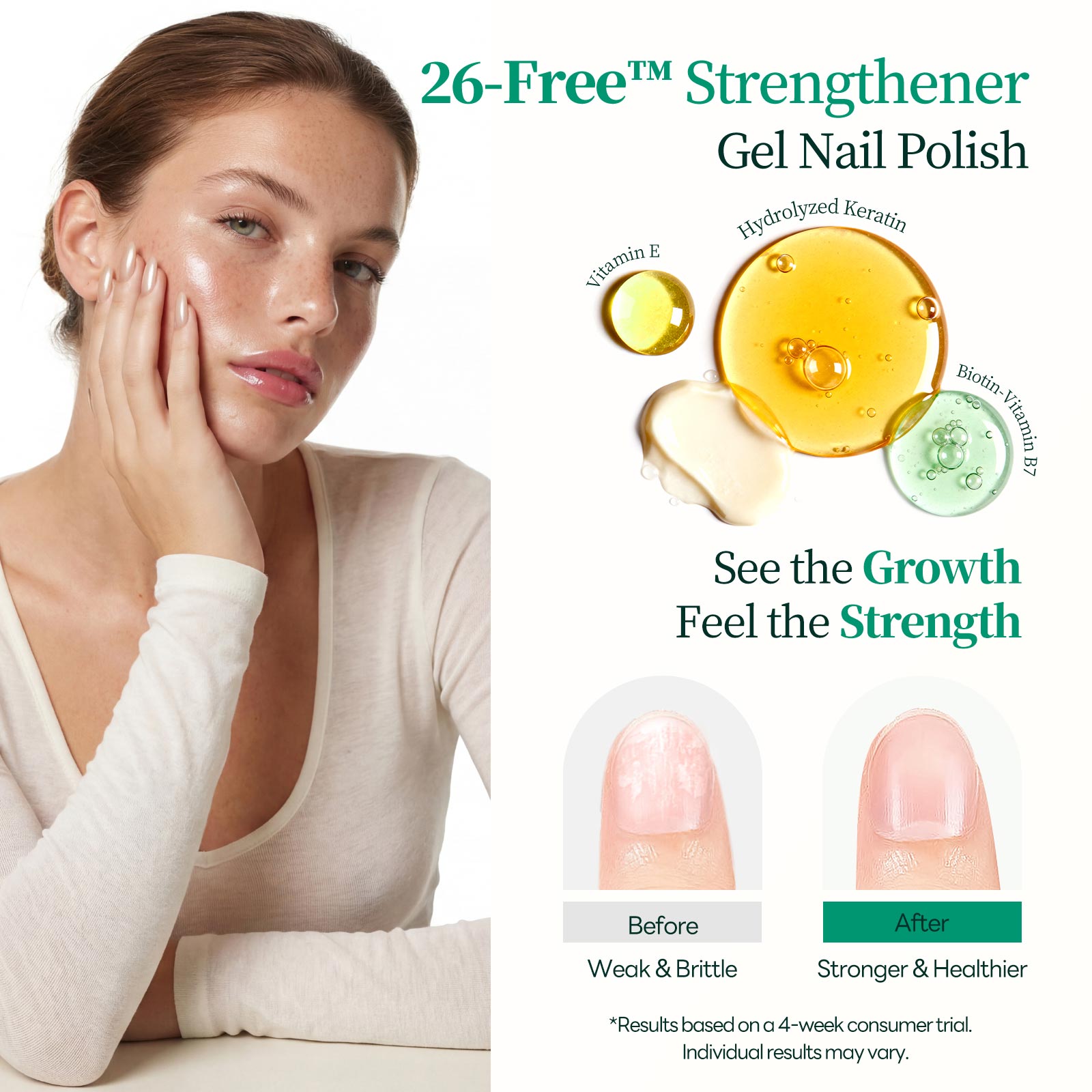 Apuree 26-Free nail strengthener gel polish, model portrait with nail growth ingredient highlights and before after nail repair result