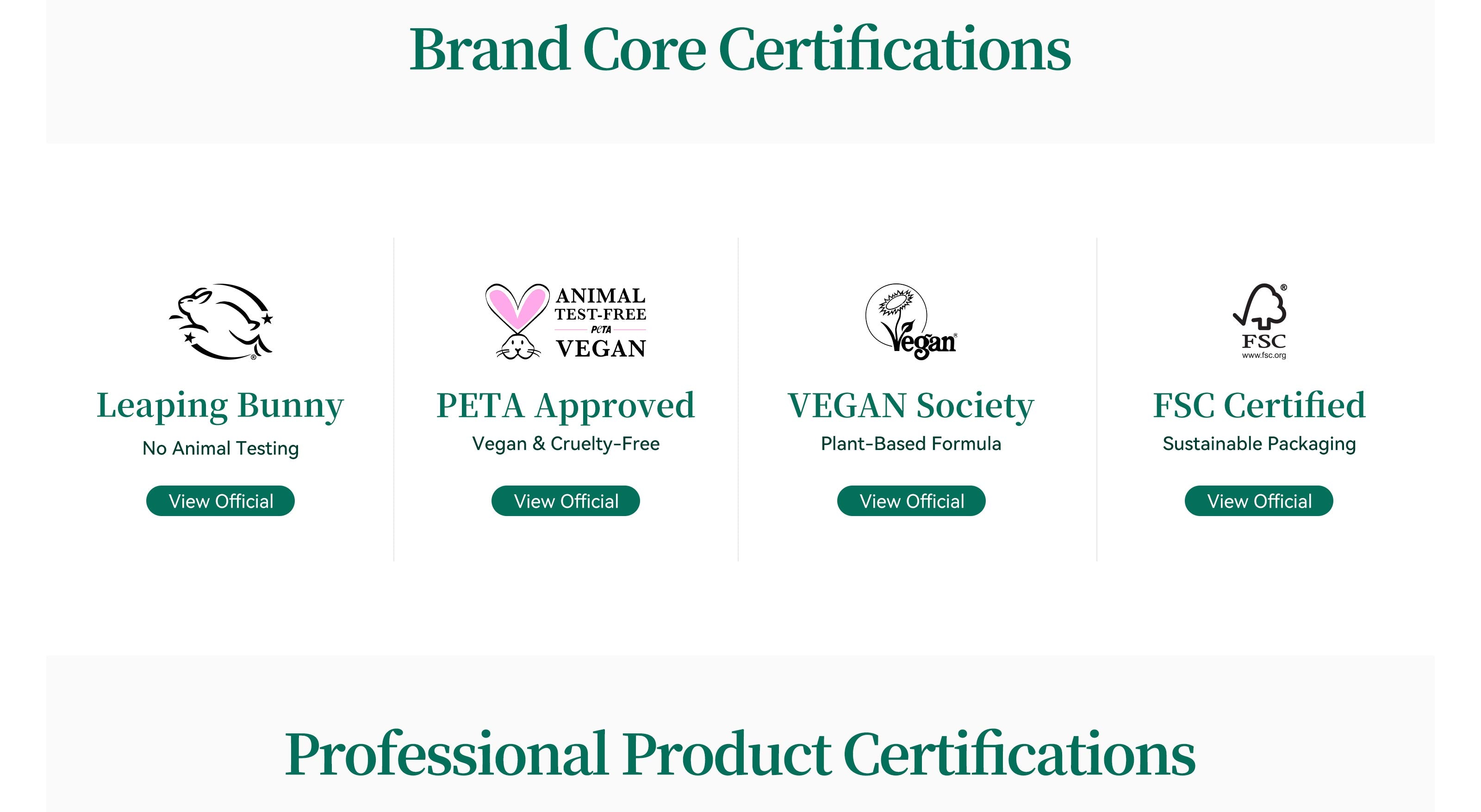 APUREE brand core certifications including Leaping Bunny, PETA approved, Vegan Society and FSC certified icons