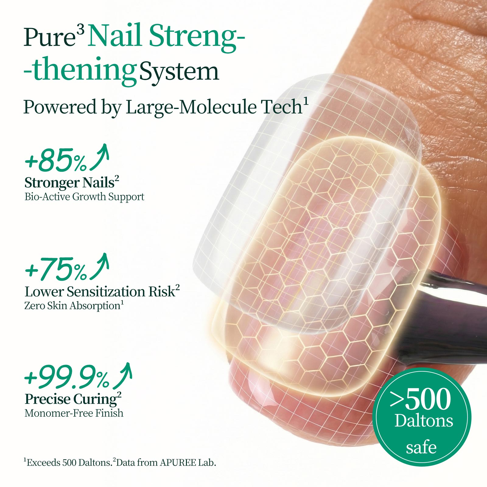 Apuree Pure3 nail strengthening system close-up, nail structure repair illustration showing improved nail strength and protection layers