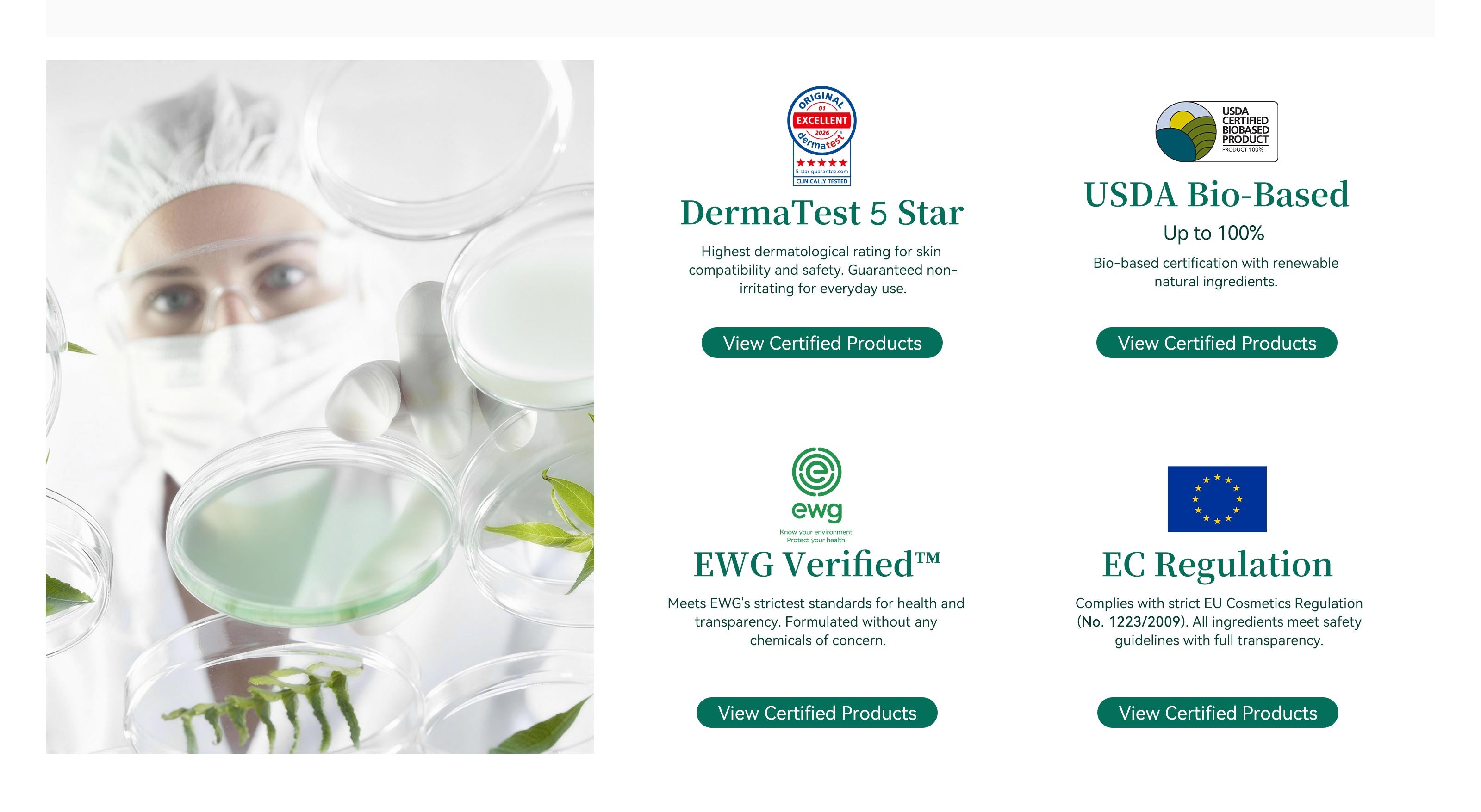 APUREE professional product certifications including Dermatest 5 Star, USDA Bio-Based, EWG verified and EU compliance