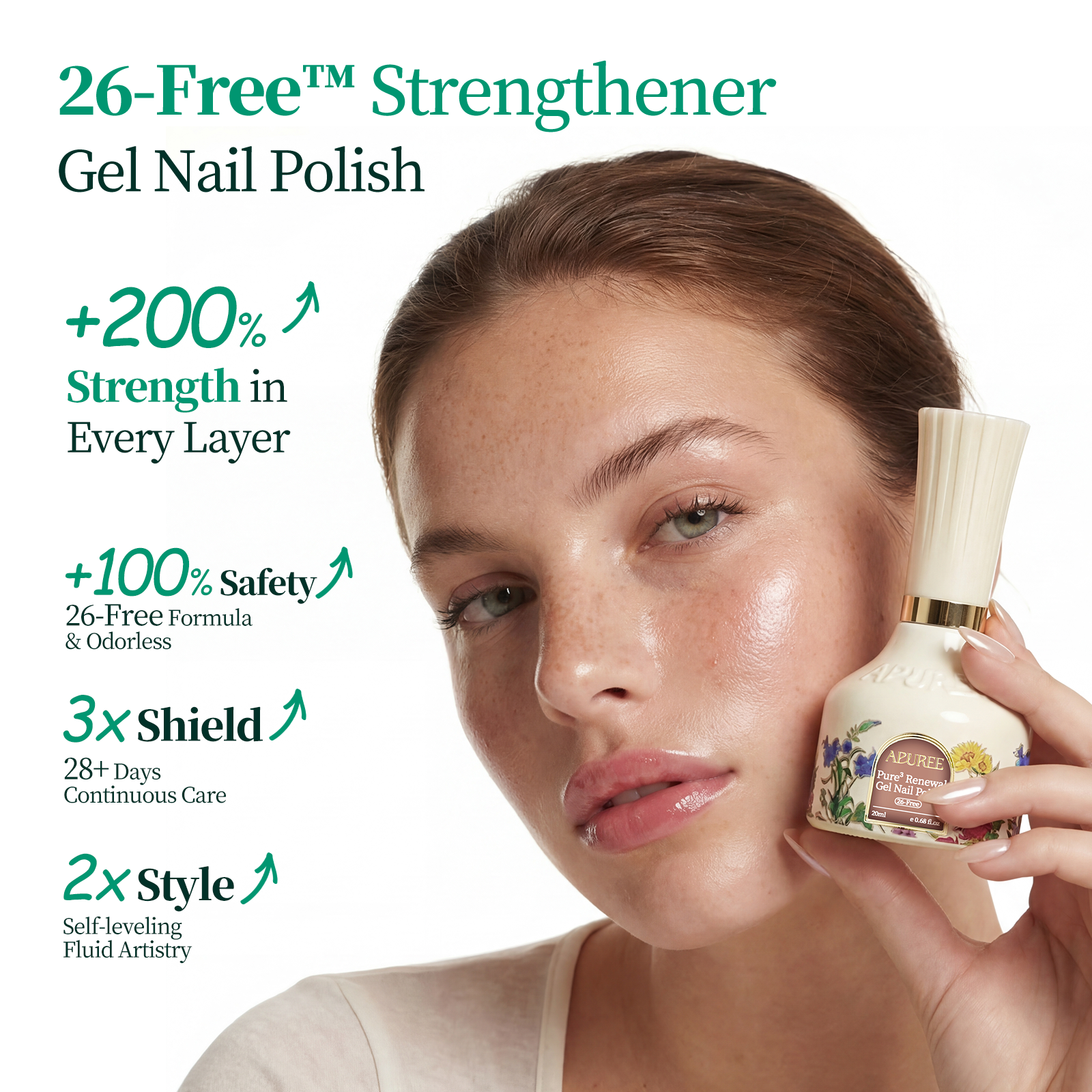 Apuree 26-Free strengthening gel nail polish, model holding bottle, highlighting stronger nails and clean beauty formula
