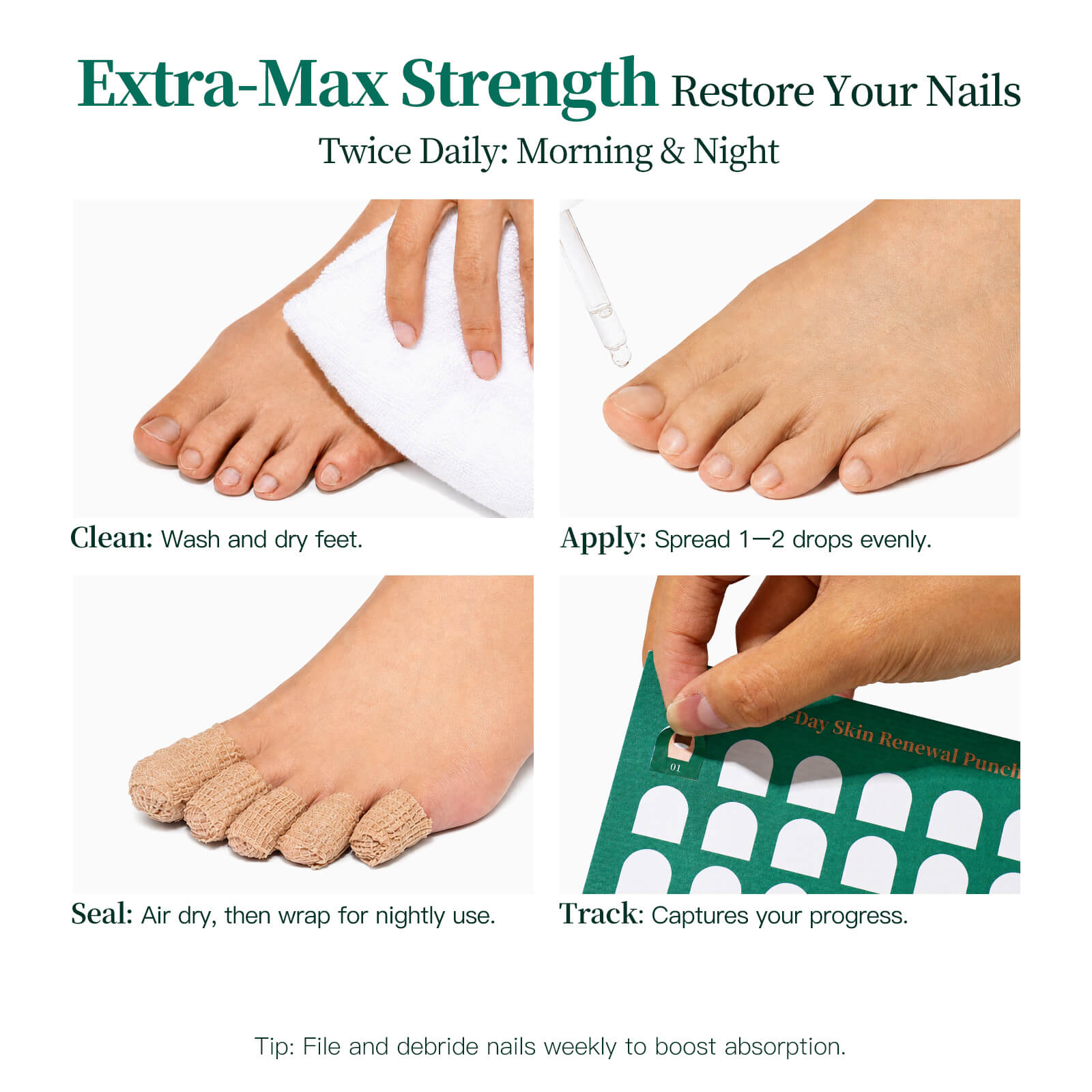 APUREE soothe and repair nail growth routine with twice-daily antifungal nail care application steps