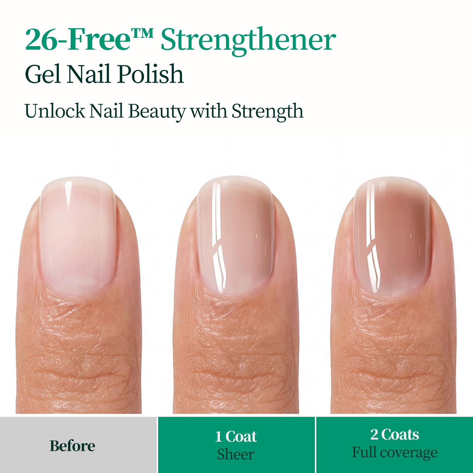 Before and after nail comparison using Apuree 26-Free strengthening gel polish, showing improved nail smoothness and strength after application