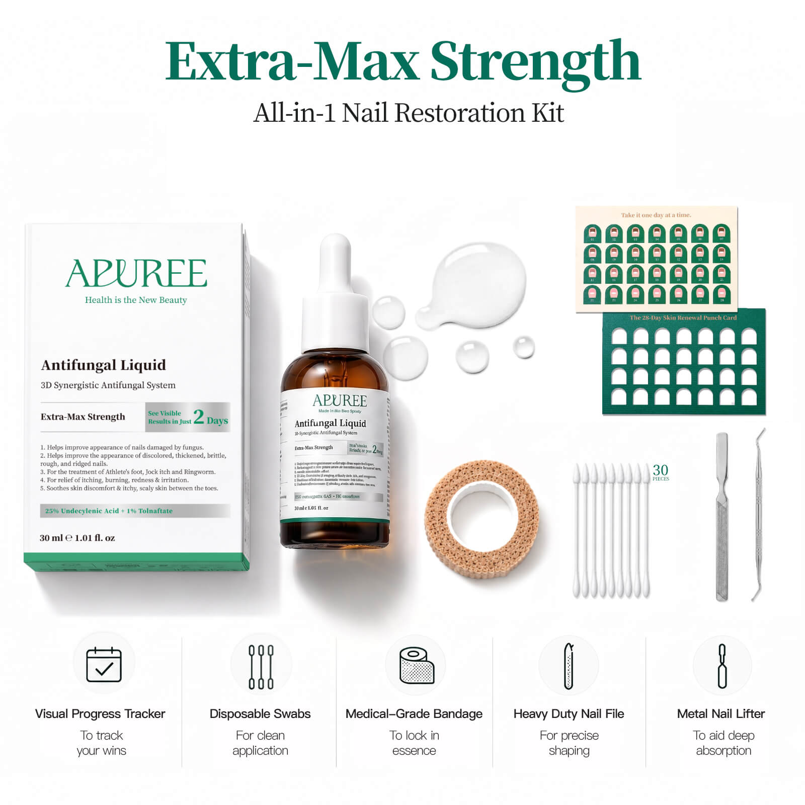 APUREE professional non toxic nail care kit with antifungal liquid, swabs, bandages, tracker cards and nail tools