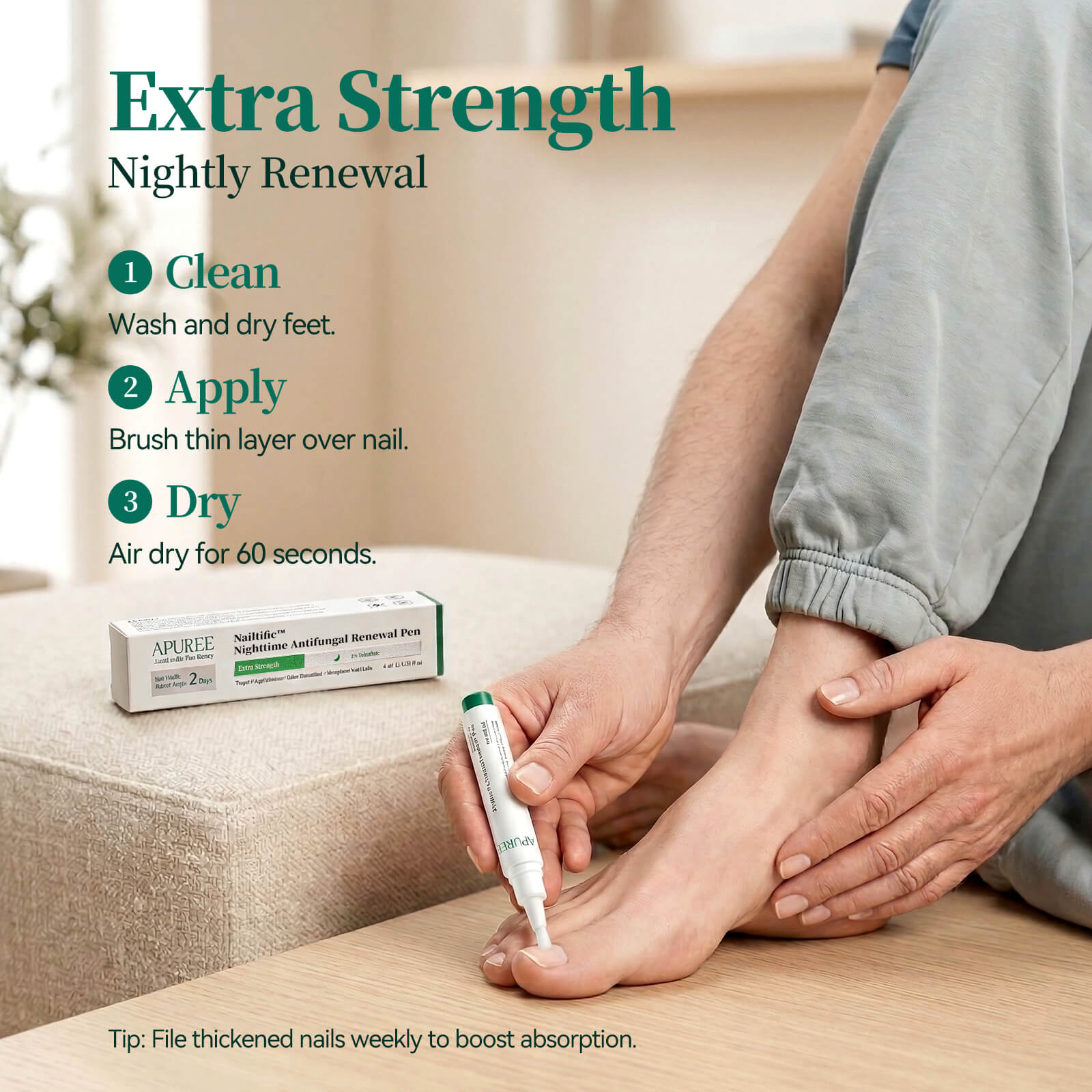 How to use Apuree nighttime antifungal pen apply before bed for overnight toenail fungus care