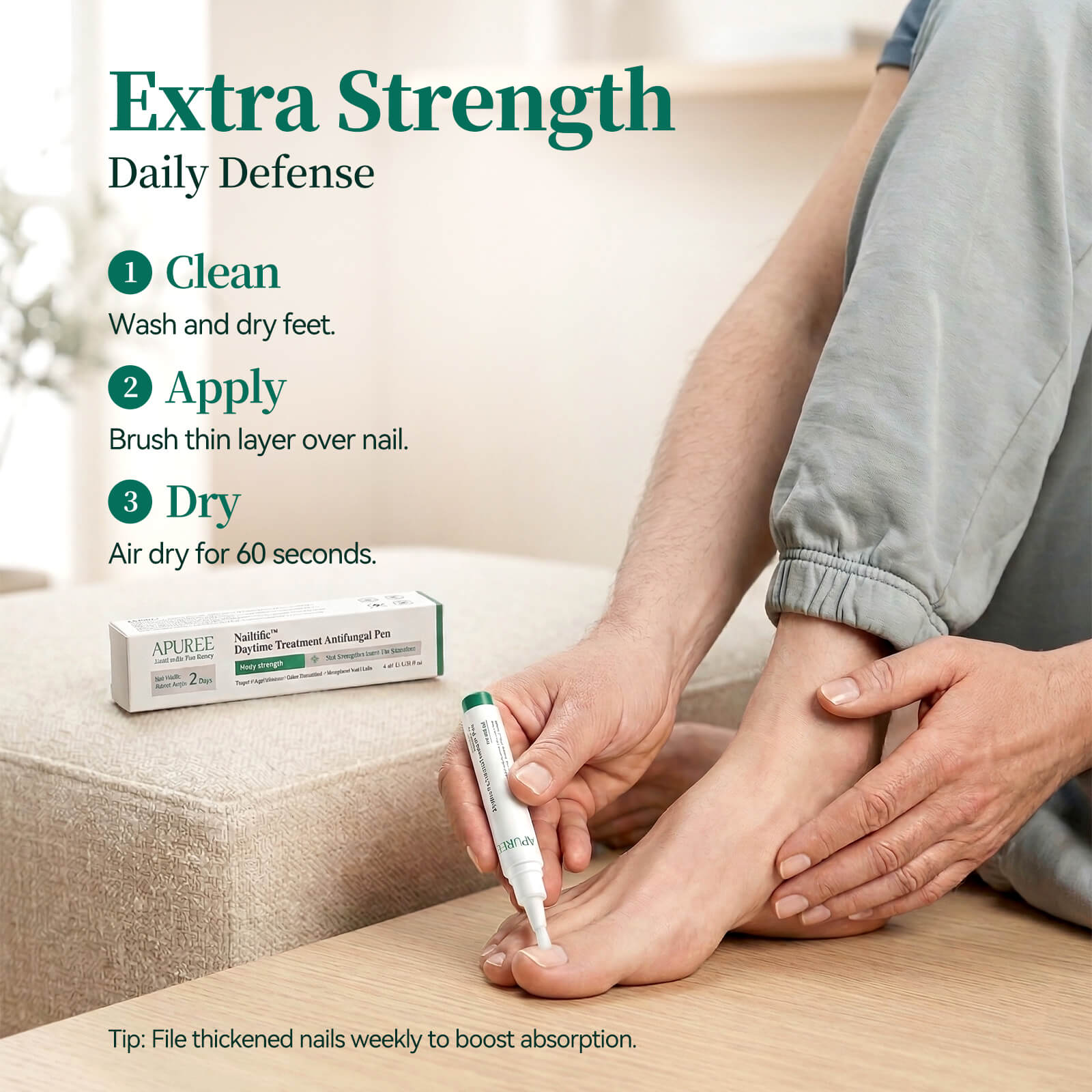 How to use Apuree daytime antifungal pen clean apply dry steps for daily toenail fungus care