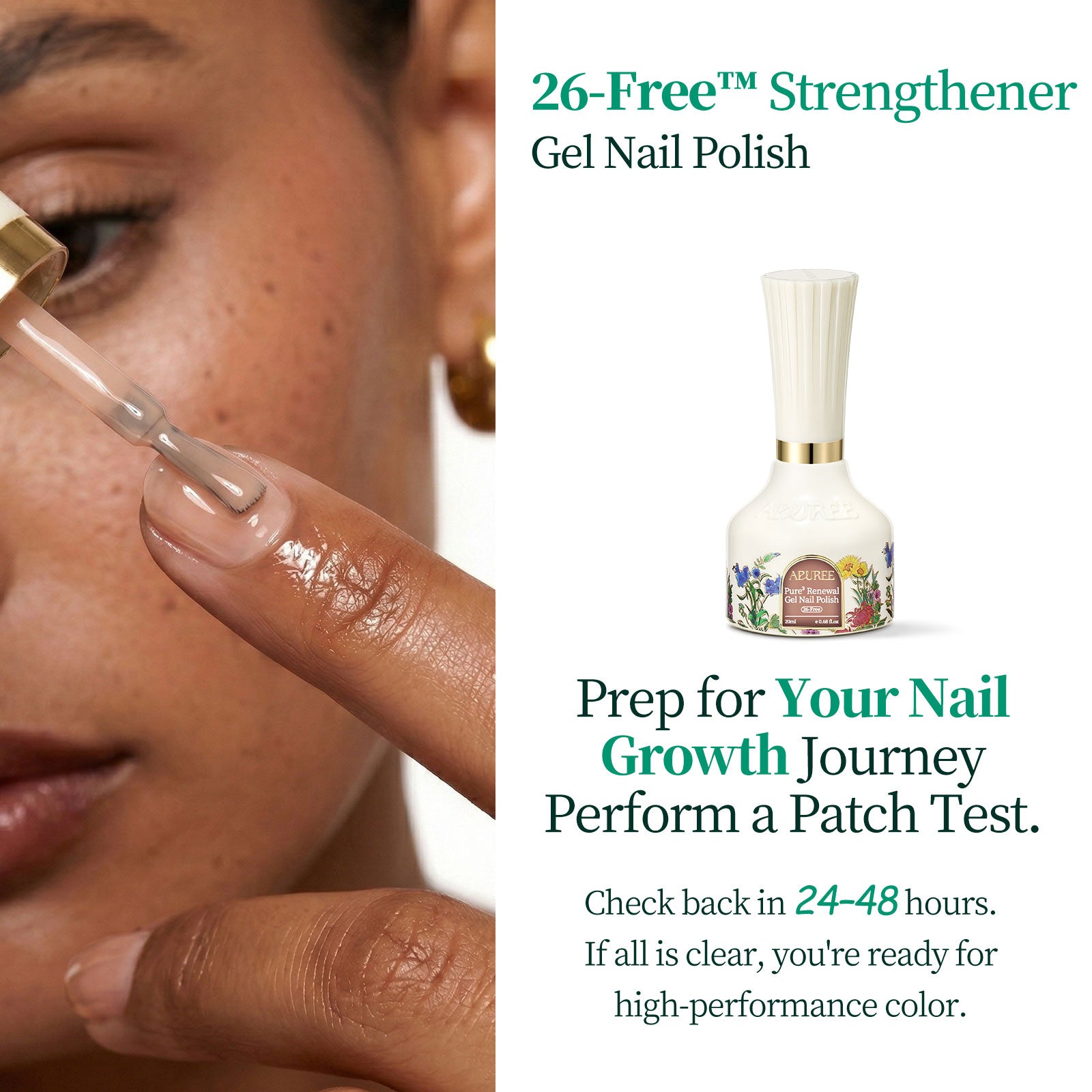 Applying Apuree nail strengthener gel polish on natural nails, close-up of brush application and nail care treatment process