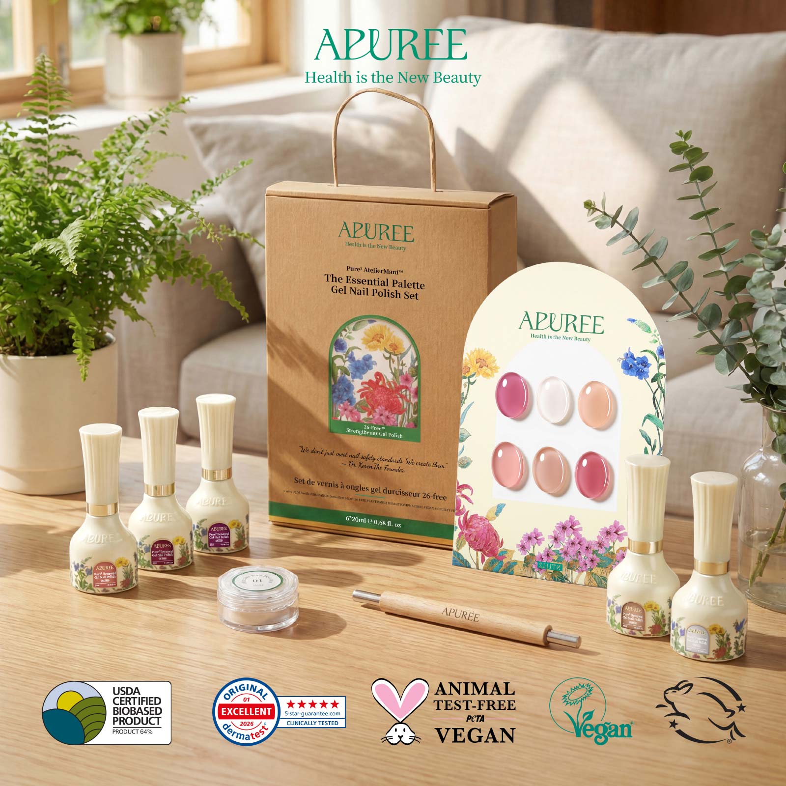 APUREE gel nail polish set with certified clean formula and vegan cruelty-free nail products display