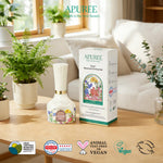 Apuree nail strengthening gel polish kit displayed on table with packaging box, clean beauty nail care product in home setting