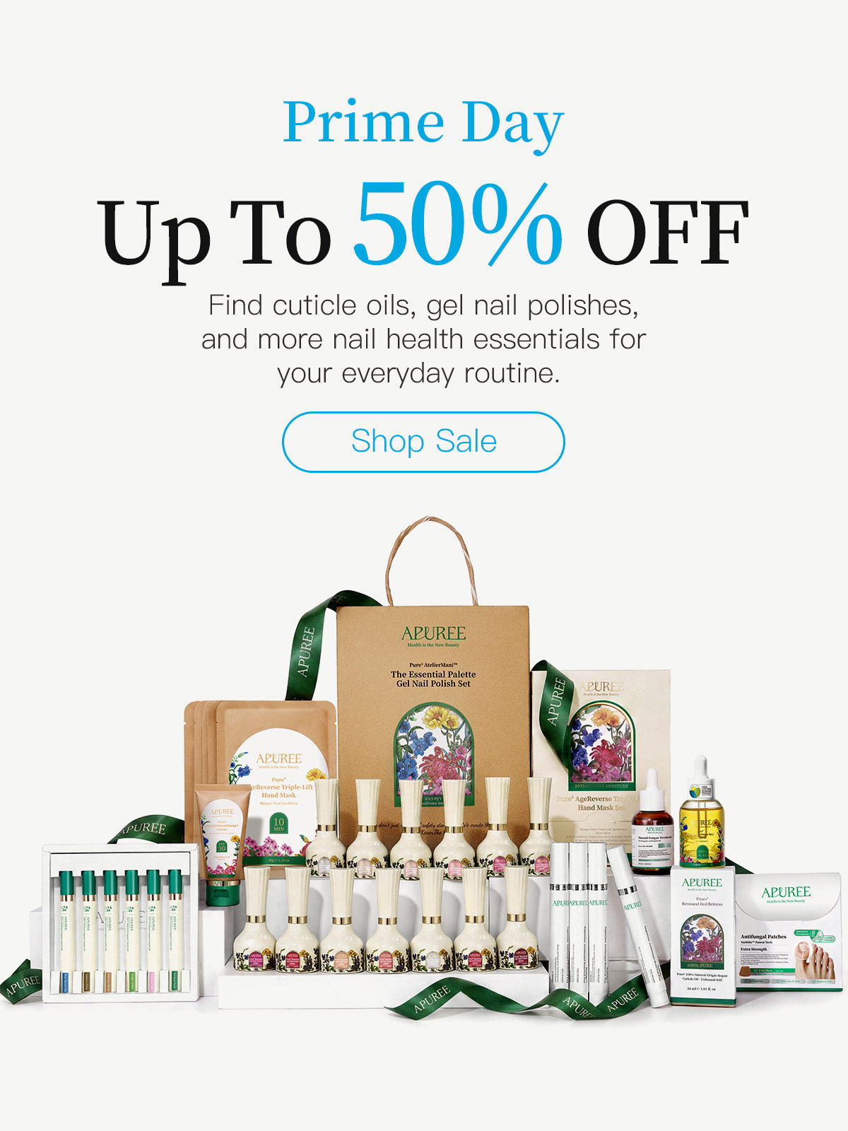 APUREE 50% OFF Prime Day sale featuring gel nail polish, cuticle oil, hand care, and foot care products