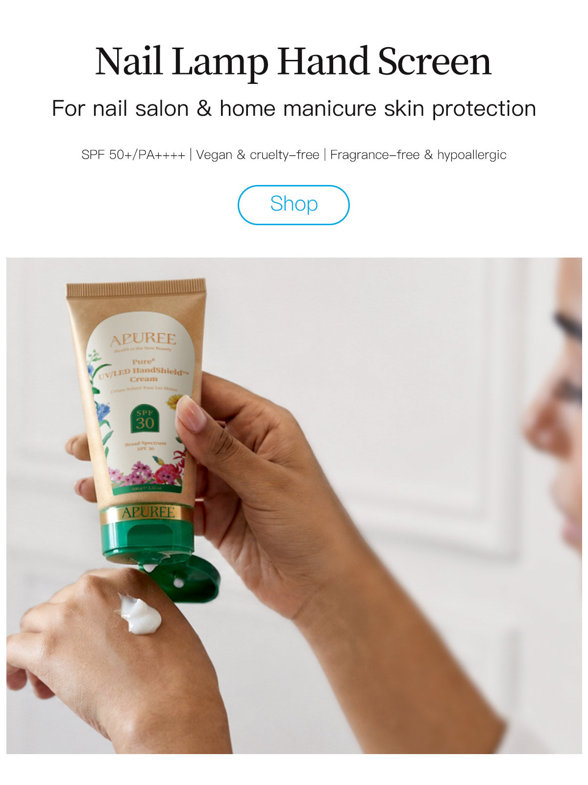 Woman applying APUREE nail lamp hand screen before gel manicure