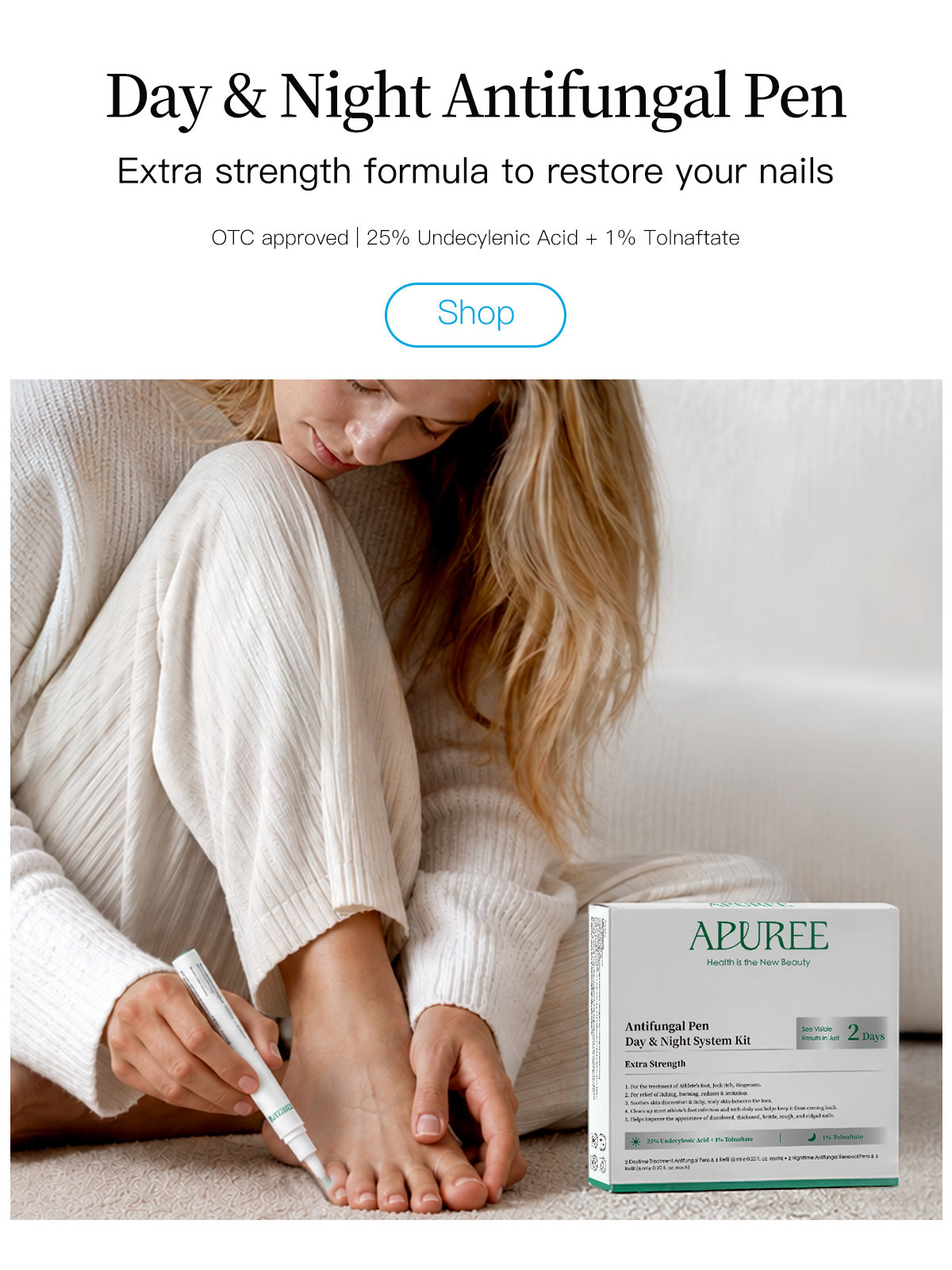 Woman using APUREE antifungal nail pen for toenail care