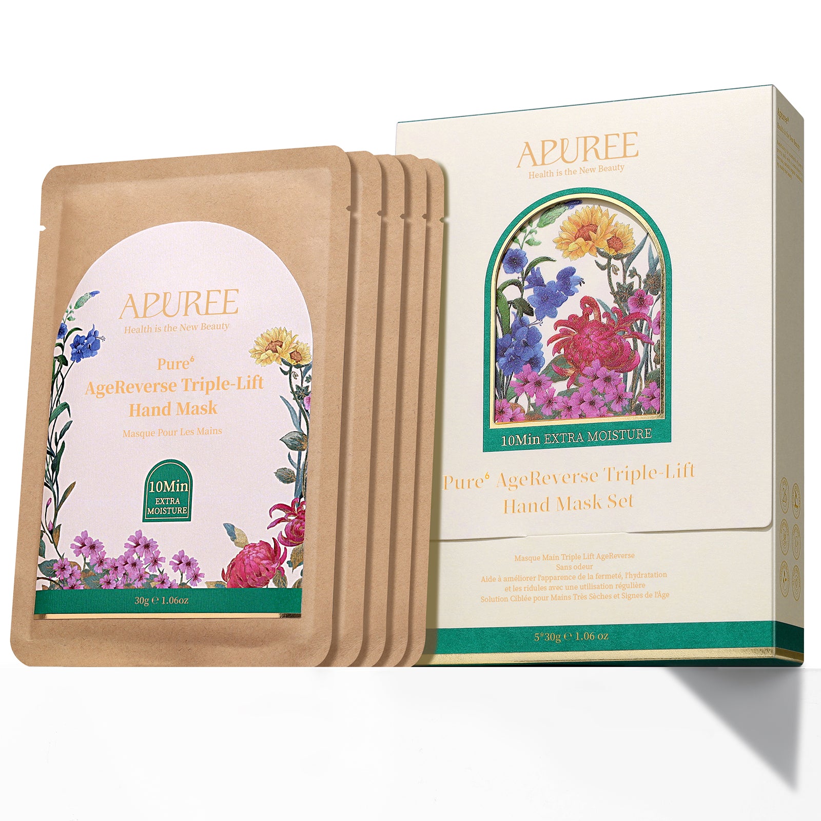 Pure⁶ AgeReverse Triple-Lift Hand Mask Set: 10-Minute Extra Moisture, Organic Multi-peptide, 5 Pairs